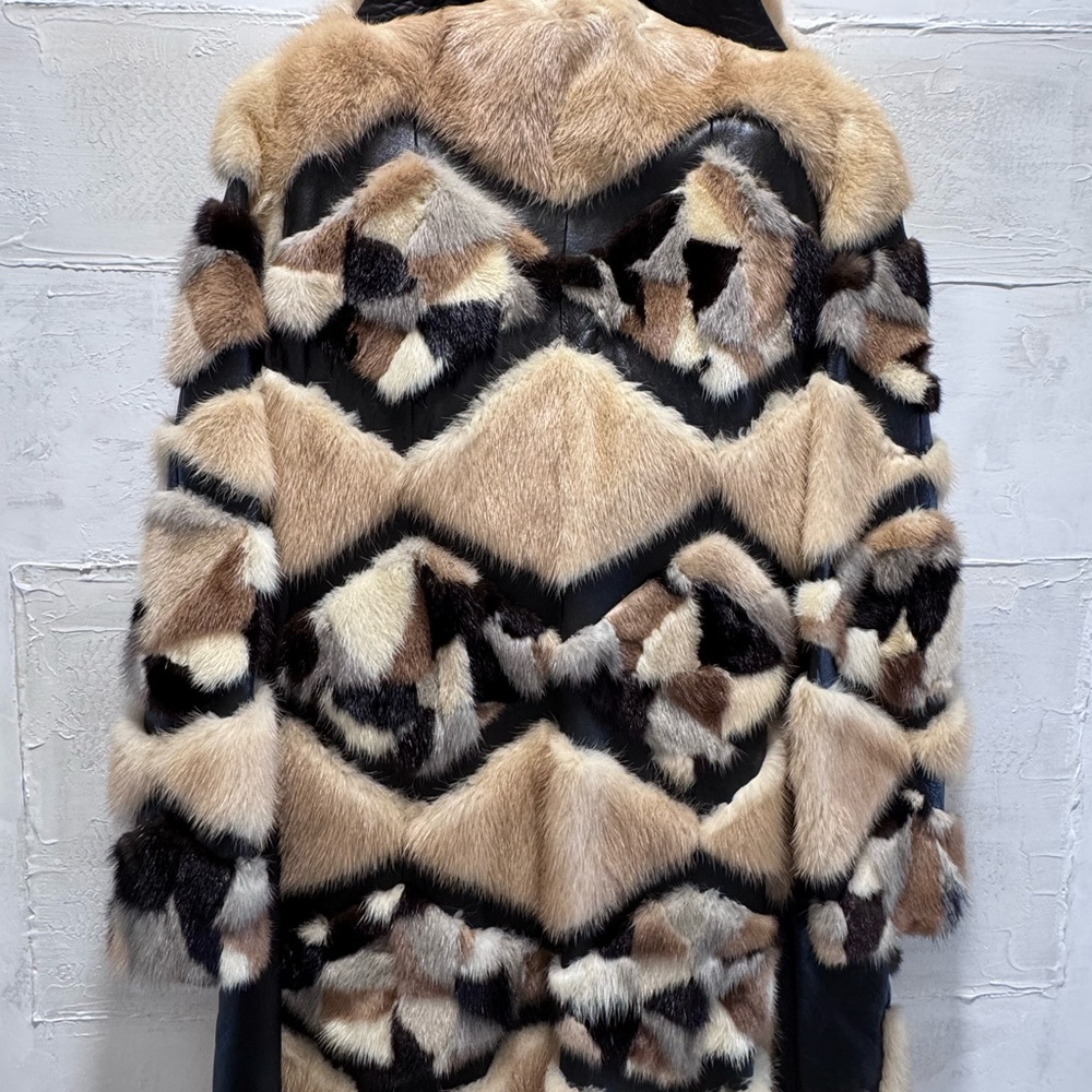 Vintage Mink Fur Patchwork Coat Leather Chevron Luxe Statement Jacket M - Picture 11 of 11